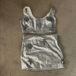 Fashion Nova Metallic Silver Skirt Set
